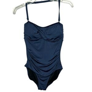 Garnet Hill Ruched Bandeau One Piece Navy bathing Suit. Size 4. NWOT.